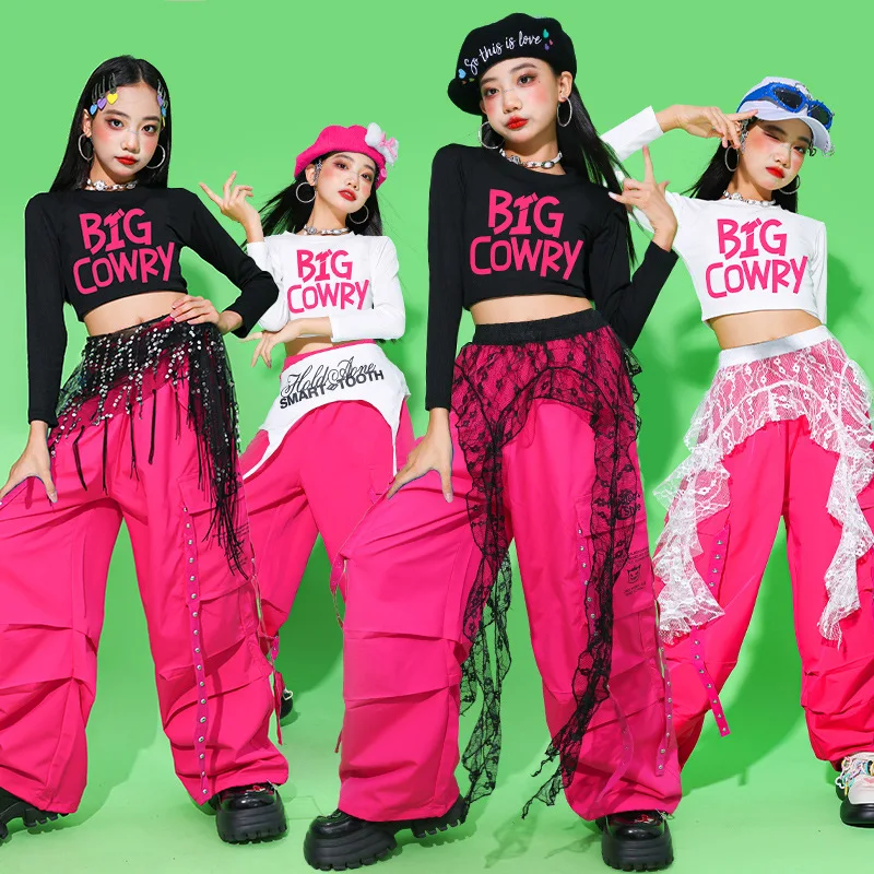 Girls K-pop Street Dance Costume Hip Hop Candy Color Crop Top and Cargo Pants Set Kids Girl Group Stage Performance Streetwear