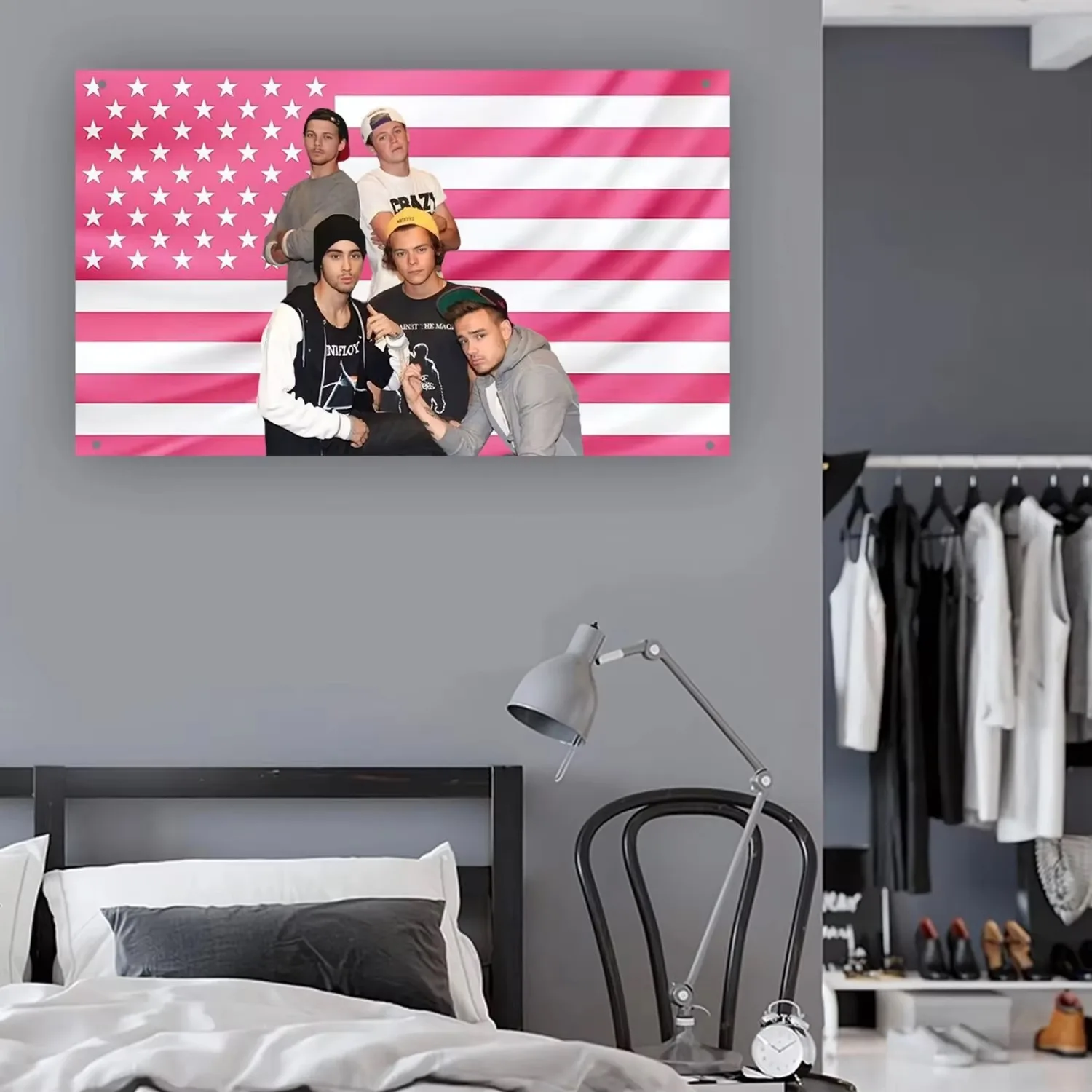 One Direction Vintage Boy Band Pink Flag Tapestry, Y2K Aesthetic Wall Hanging Decor for Bedroom Dorm Living Room Gift