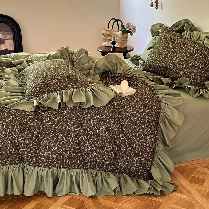 100% Cotton Vintage Pastoral Style Bedding Set Green Black Flowers Ruffle Edge Duvet Cover Elastic Fitted Bed Sheet Pillowcases