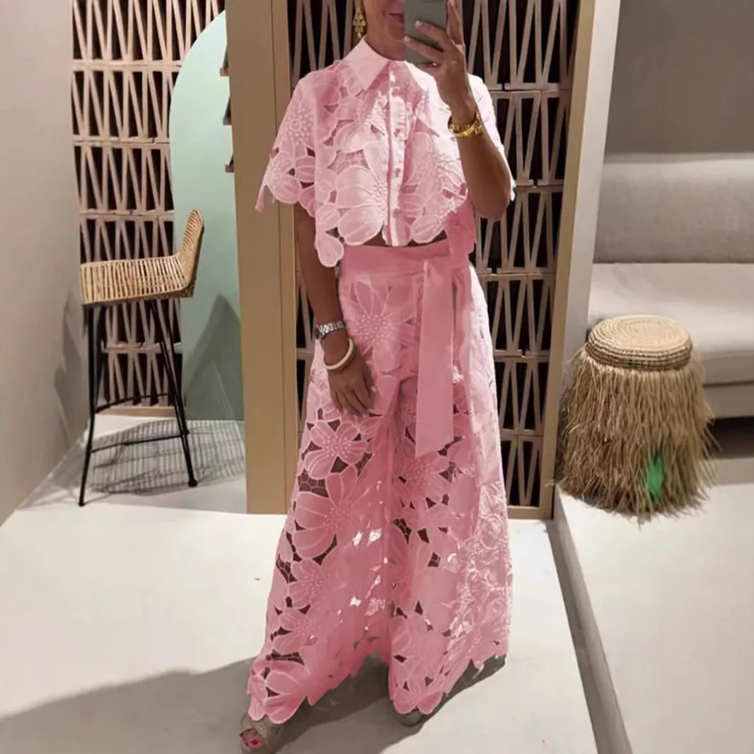 봄 여름 여성용 롱 팬츠 세트, 우아한 라펠 반팔 탑과 타이업 섹시 홀터넥 와이드 레그 롱 팬츠 세트