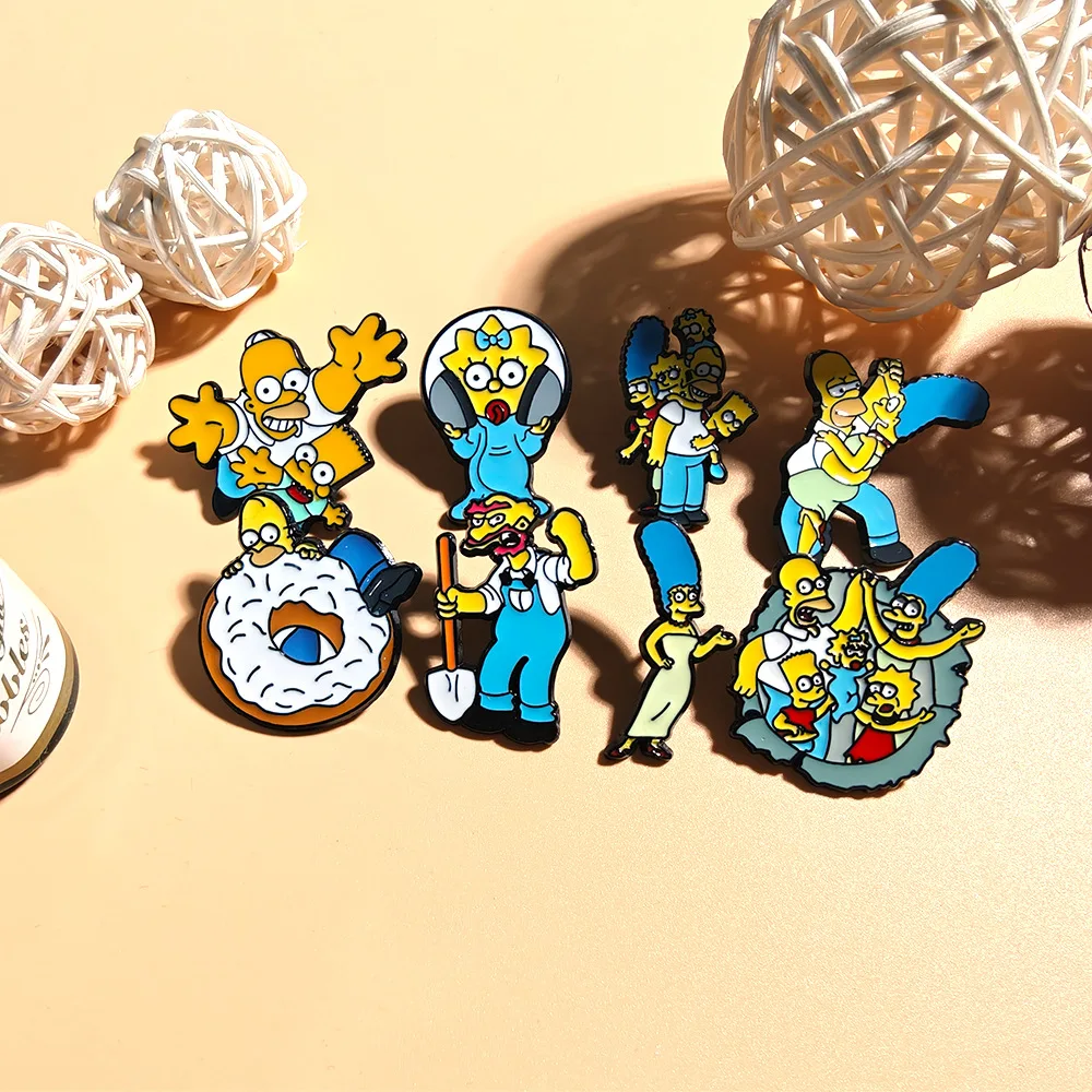 8 Pcs Q-Version Simpsons Cartoon Brooch Set Featuring Marge Homer J. Simpson Bart Enamel Pins for Backpack Jewelry Gifts