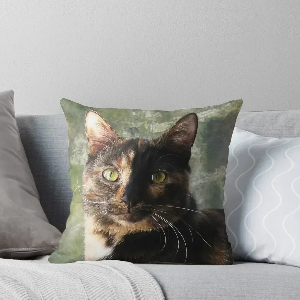 

Tortoiseshell cat looking at camera Throw Pillow pillows decor home Rectangular Cushion Cover pillow