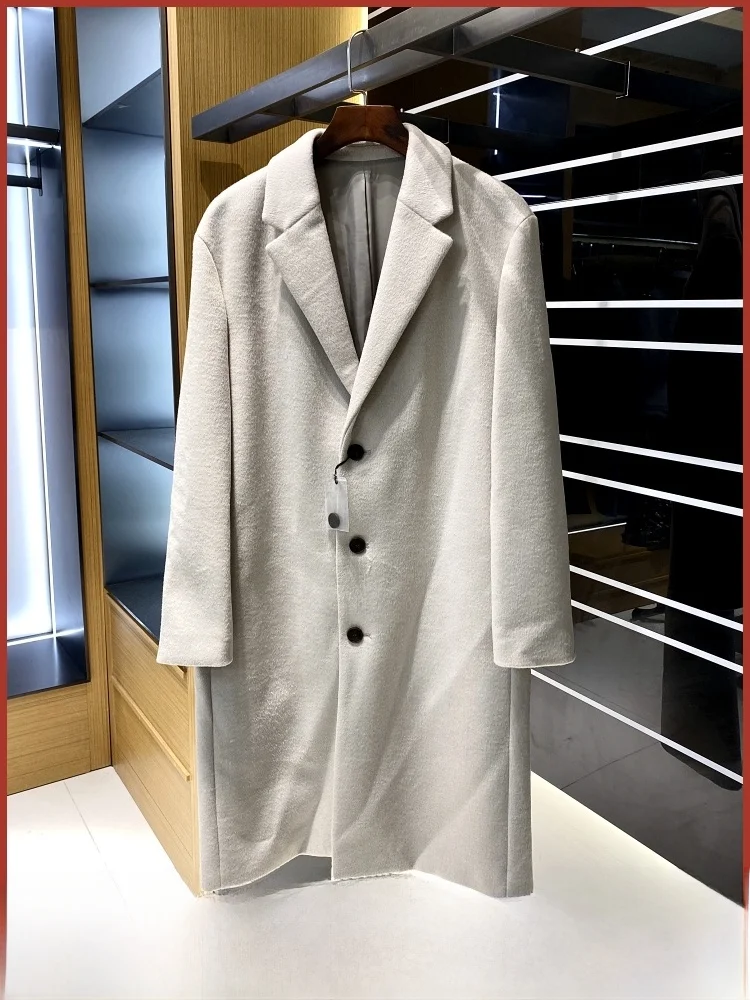 

Korean Sle Men's Wool Blend Thiened Winter Coat Classic Casual Mid-Length Tee-Button Notch Lapel Youth Faion