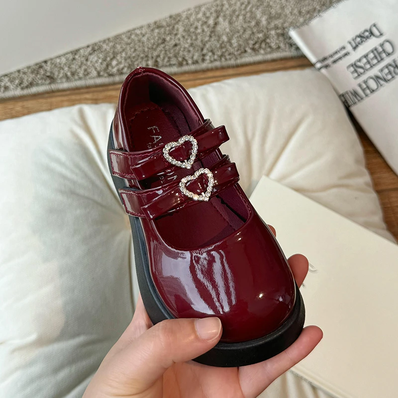 Children Leather Shoes for Spring Wine Red Black Elegant Girl's Mary Janes Chunky Hook-loop Beautiful Comfy Kids Shoe 26-36