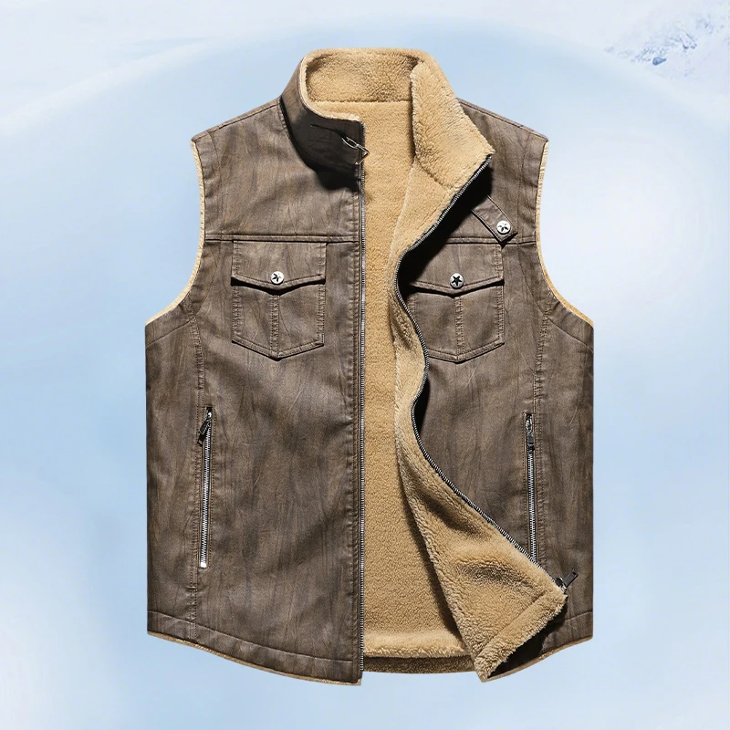 

Retro Mens Motorcycle Bikers Leather Vests Jacket Autumn Winter Lambskin Fur Sleeveless Jacket Outdoor Men Vest Fleece Waistcoat