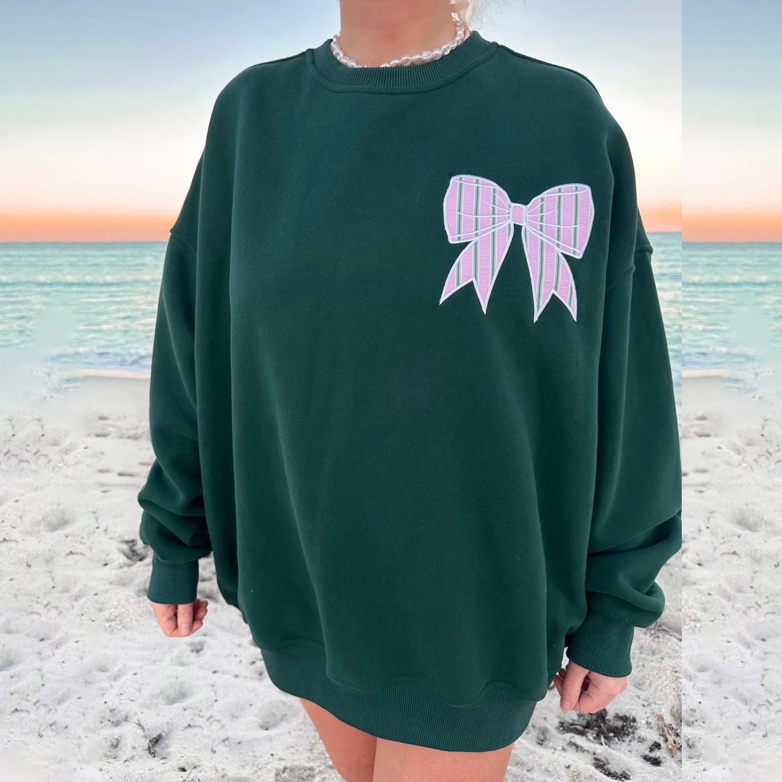 Street chic damessweatshirt met strikprint, herfst/winter, stijlvolle trui met strik, geborduurde ronde hals en lange mouwen, losse pasvorm