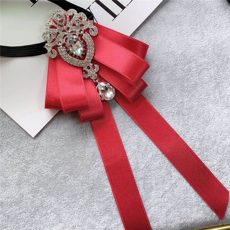Classic Bow Tie for Women Retro Solid Fabric Ribbon Brooch Crystal Rhinestone White Shirts Collar Pin Men Boy Bowtie Accessories