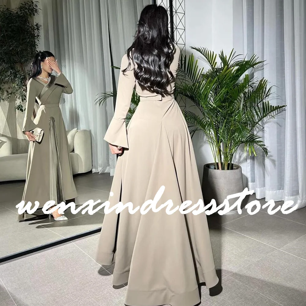 Customized Classic Ruched V-Neck Jersey Long Sleeves Evening Dresses Formal A-Line Pleats Vestido De Noche Saudi Arabia 2024