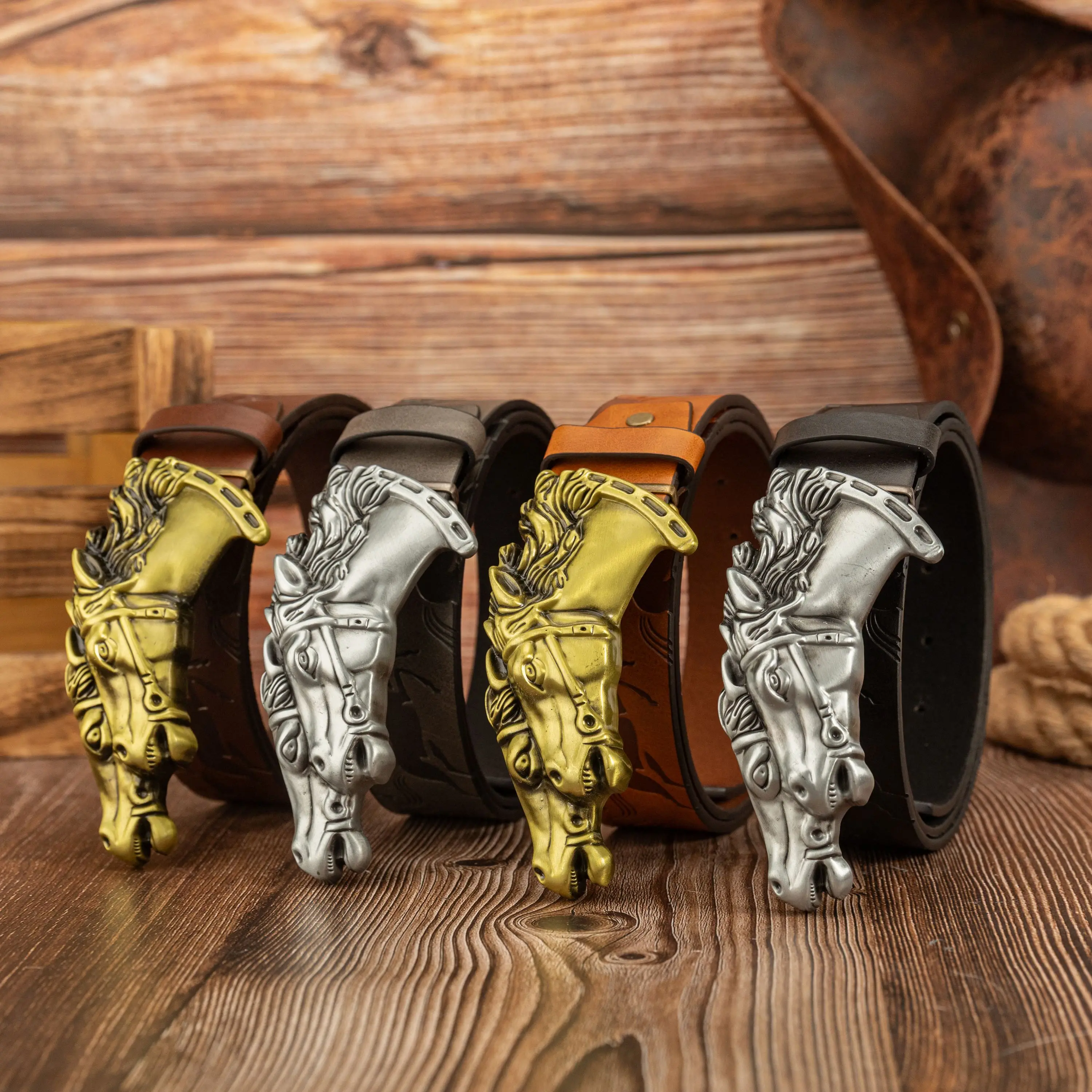 Double Horse Head Zinc Alloy Buckle PU Leather Embossed Belt for Party Carnival Festival Suitable Gift