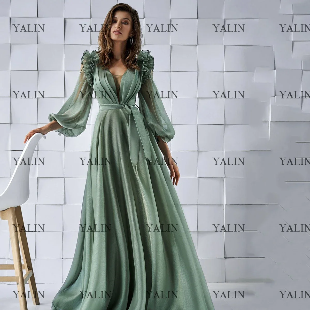 YALIN-Robe de Bal Plissée à Manches Bouffantes, Tenue de Soirée Simple, Longueur au Sol, Col en V, Ligne A, pour Remise de Diplôme, Quelle que soit la Longue Tenue de Princesse Oraghike