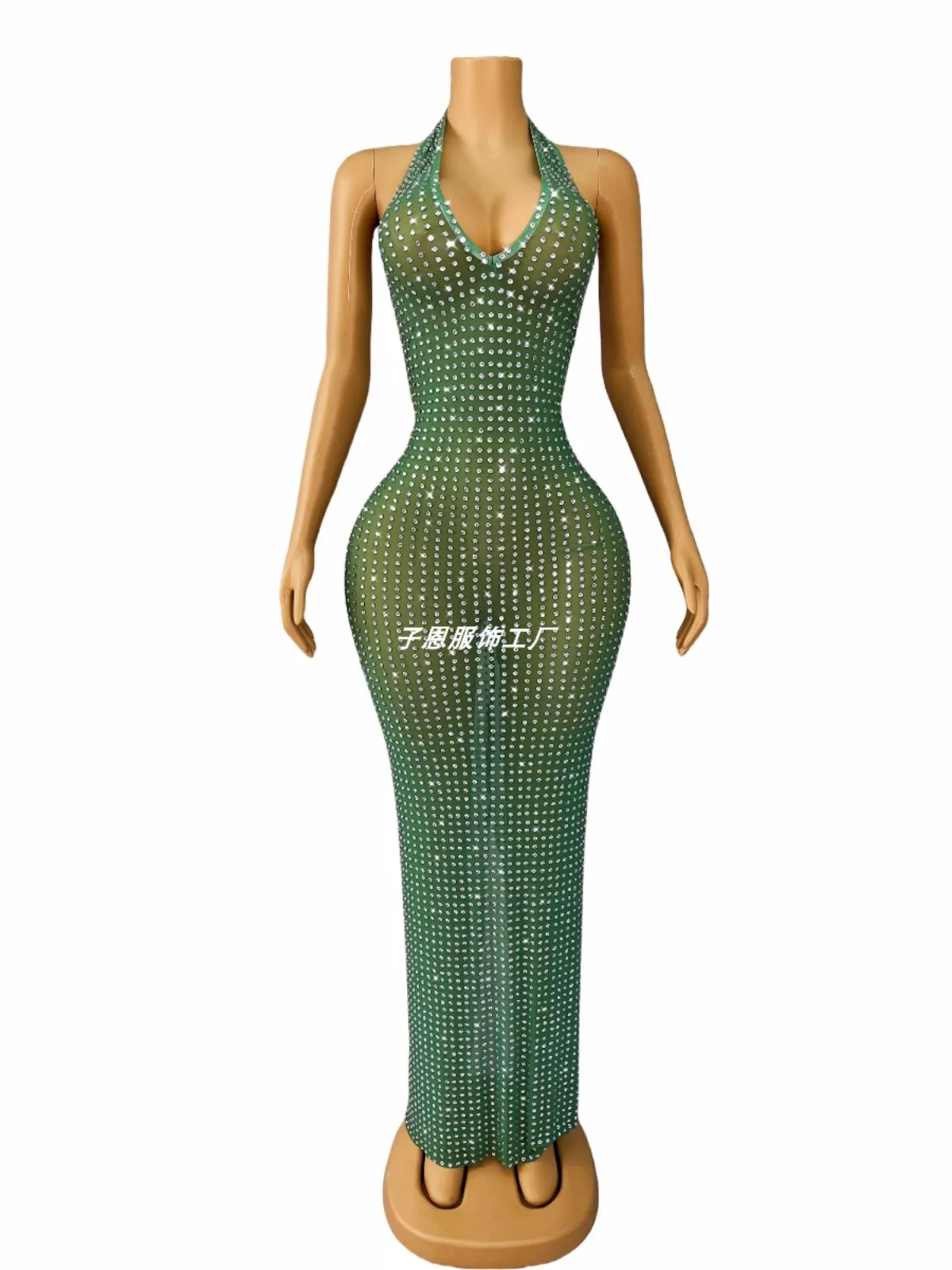 Simple fresh green sparkling rhinestone V-neck halter dress Cocktail Party elegant dress costume