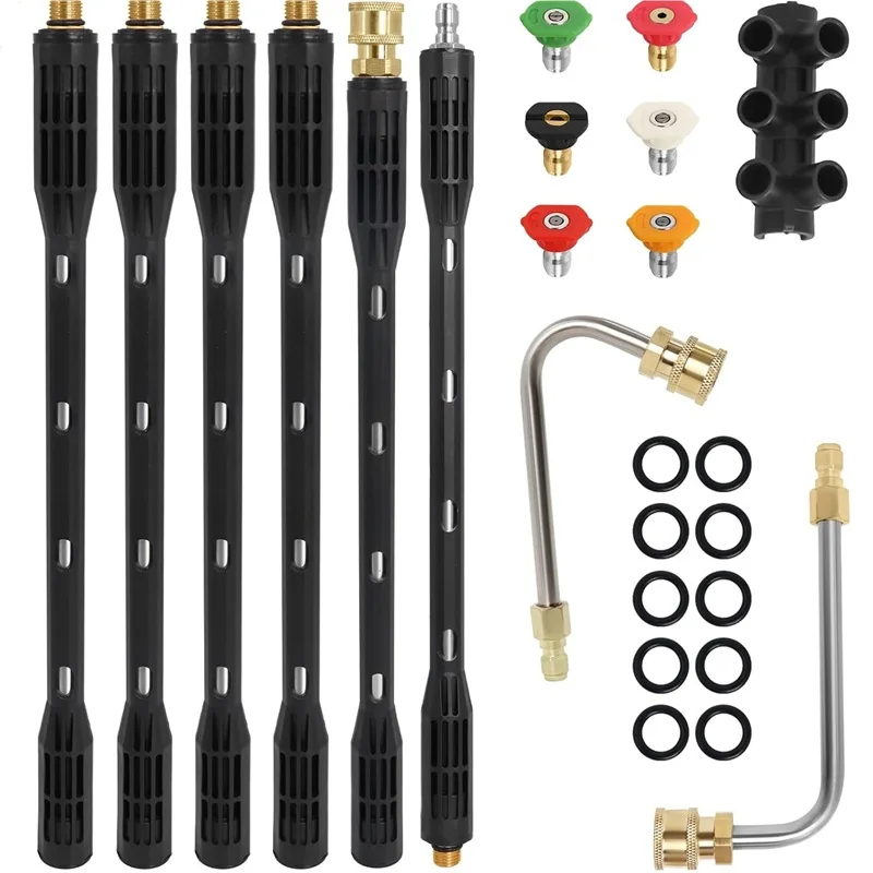 

Модернизированная удлинительная трубка для мойки высокого давления до 96 дюймов, 4000 фунтов на квадратный дюйм, насадка для очистки желобов с 6 наконечниками, быстрое подключение 1/4 дюйма 90 ° 30 ° Изгиб