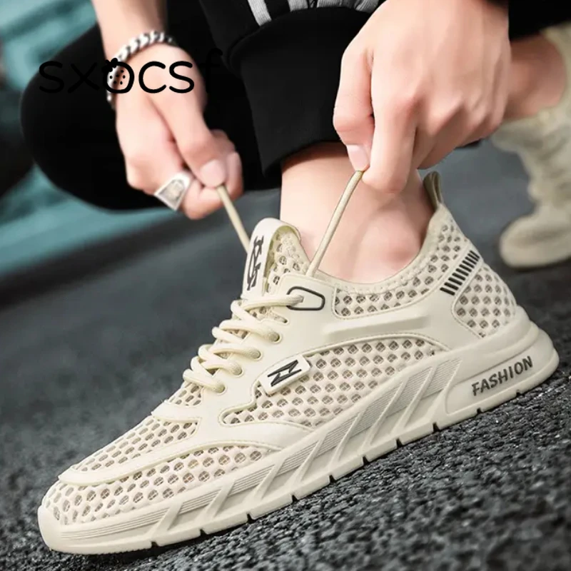 

2024 Men Lace Up Sneakers Mesh Hollow Round Toe Wading Vulcanised Shoes Breathable Thick Sole Comfort Trainers Chaussure Homme