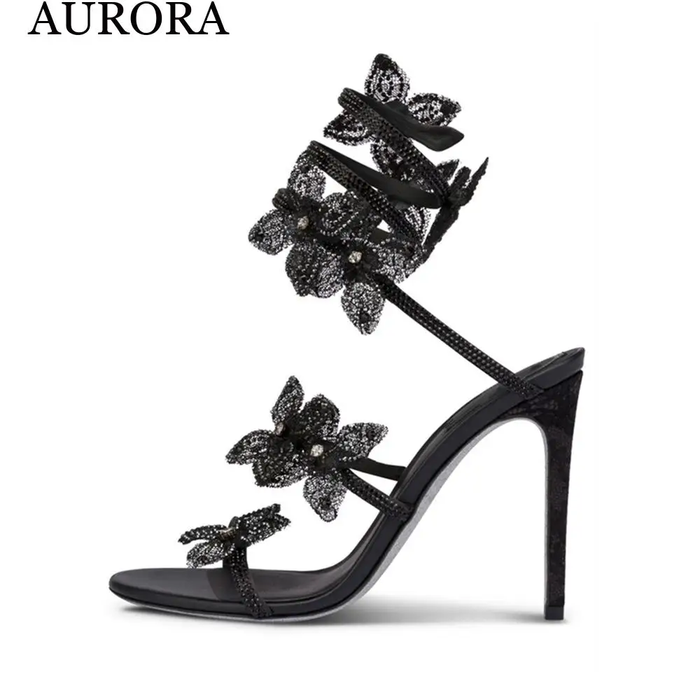 

2023 Summer New Ladies Crystal Butterfly Embellished Satin Leather High Heel Sandals Ankle Straps Open Toe Stiletto Sandals