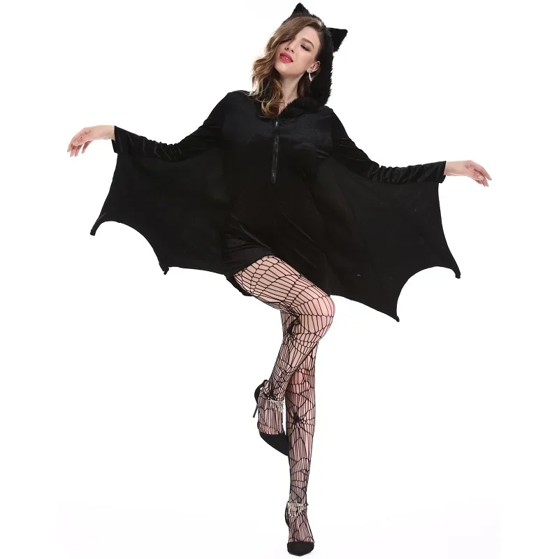 

Halloween Female Cosplay Vampire Bat Costume Party Role Playing BatmanJumpsuit Hoodie Bat Woman Costume Stocking Black Vampire