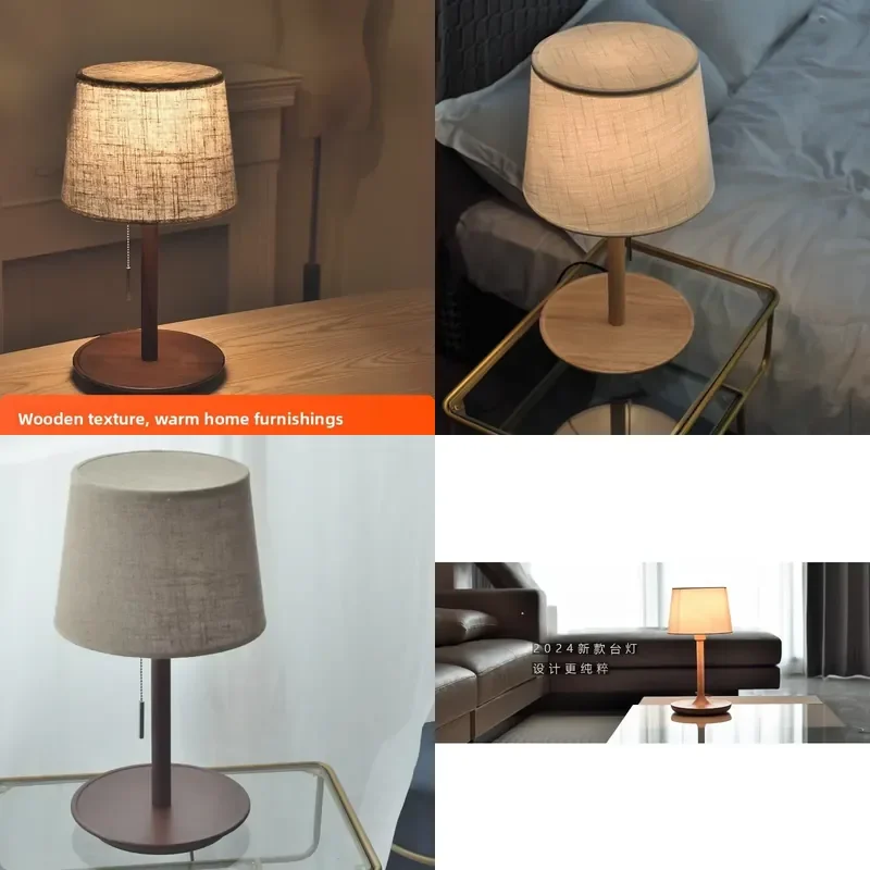 Walnut solid wood desk lamp, bedroom simple and warm pull wire switch, Nordic style cloth face lampshade bedside lamp