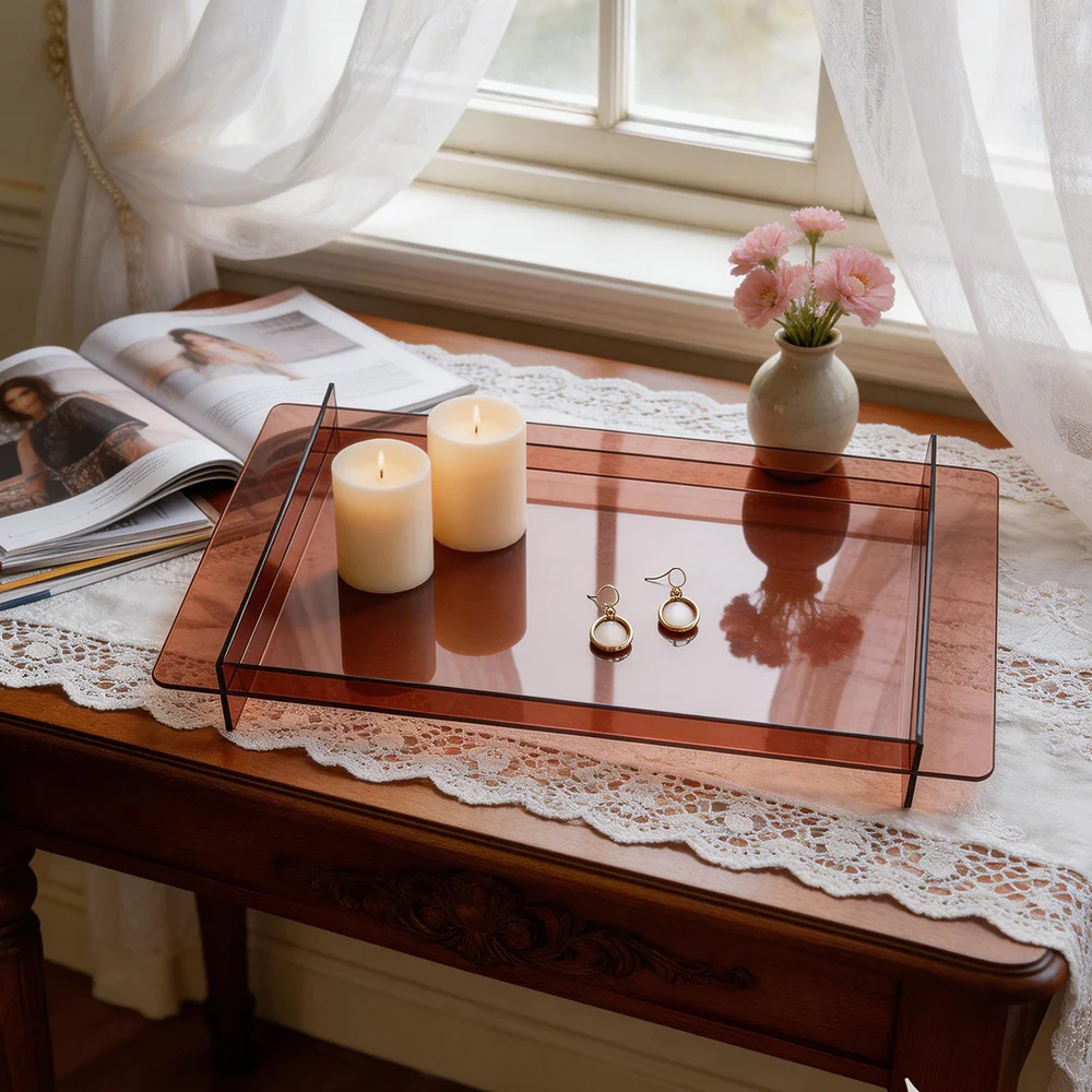 

Акриловый поднос, подставка для хранения парфюмерии, украшений и косметических средств, настольный органайзер для мелких предметов декора, помад, ароматизаторов.