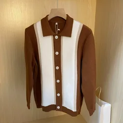 Mens Clothes Trendy Contrast Color Patchwork Button Sweater Cardigan Autumn Winter Polo Collar Long Sleeve Loose Knitted Jackets