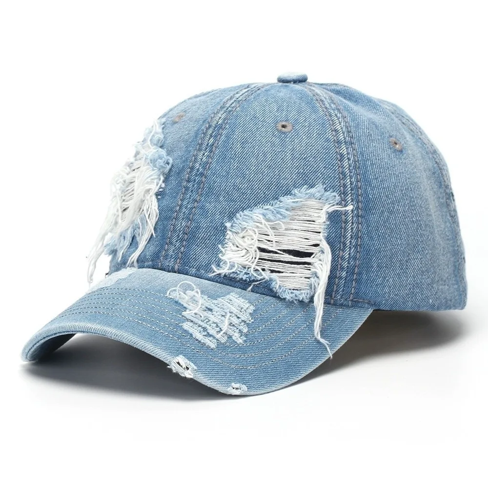 Retro Ripped Washed Denim Baseball Cap Distressed Frayed Duckbill Cap Plain Panel Curved Brim Sun Hat Daily Wear