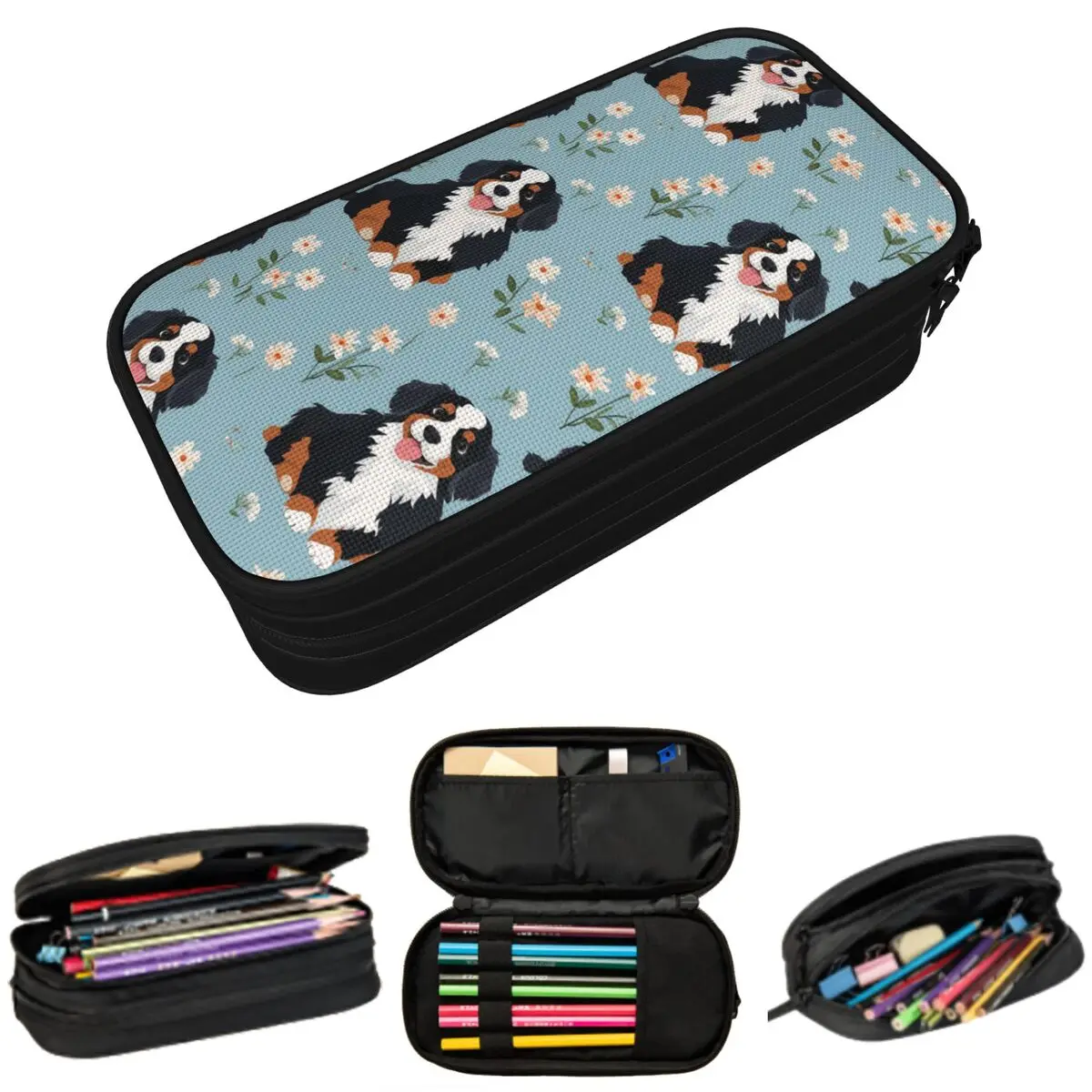 Cartoon Cute Bernese Mountain Dog Pattern Pencil Case for Studen Gifts Pen Box Pencil Bag Stationery Supplies Pen Holder Bag