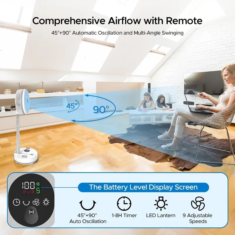 Portable Oscillating Standing Fan, 40000mAh Rechargeable Battery Operated Fan with Remote/Timer, RGB Lighting Fan, Pedes