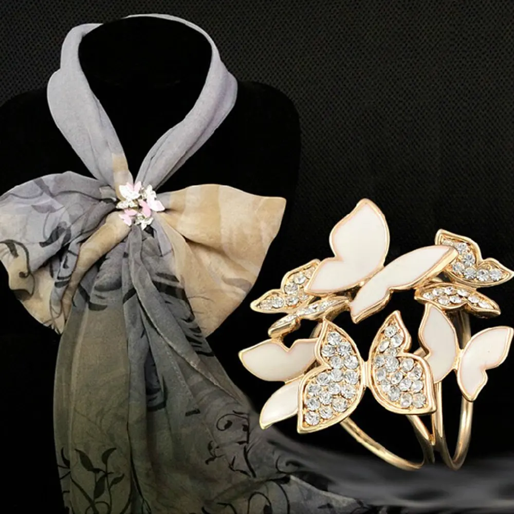 ABQR Elegant 3 Rings Butterfly Scarf Ring Silk Scarf Buckle Clip(Gold)