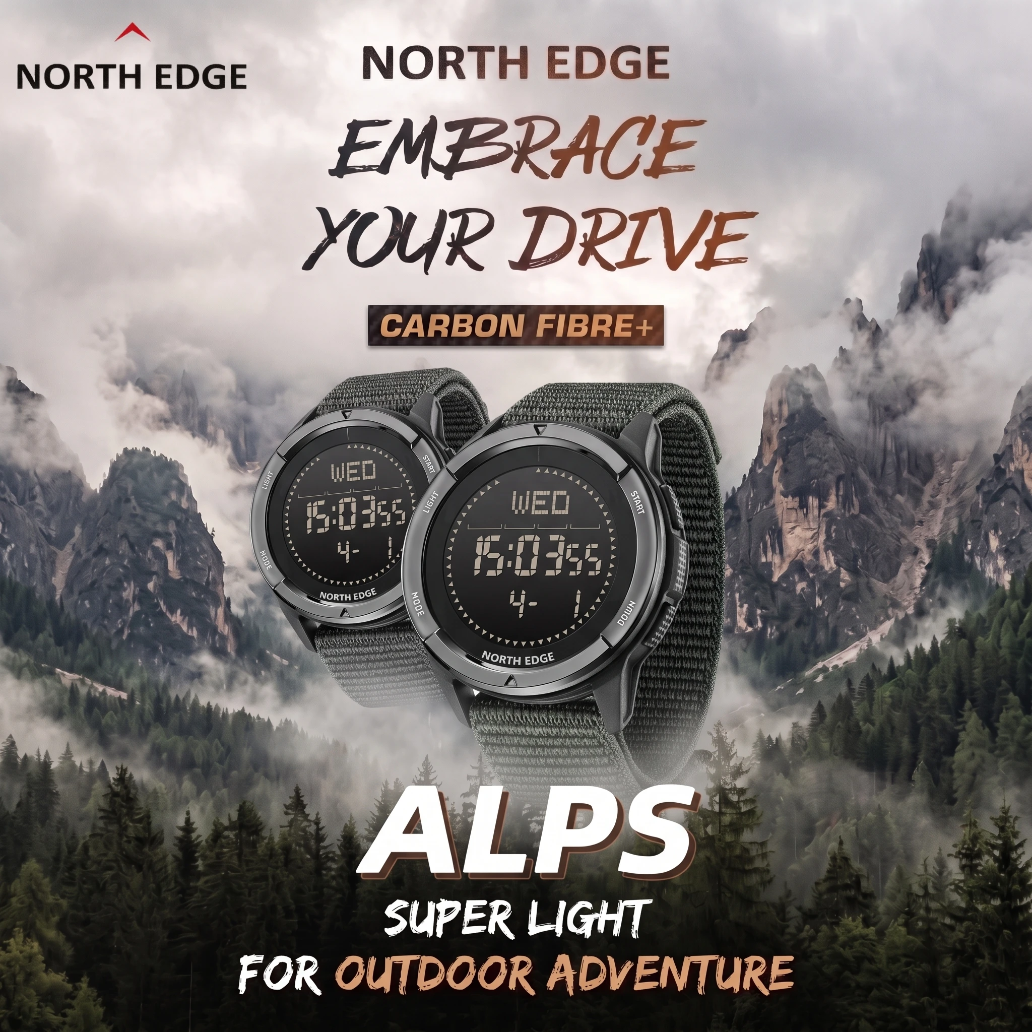 Men's Digital Sports Watch 50M Waterproof Super Light Tactical Outdoor Wristwatch with Compass Pedometer Breathable Nylon Strap