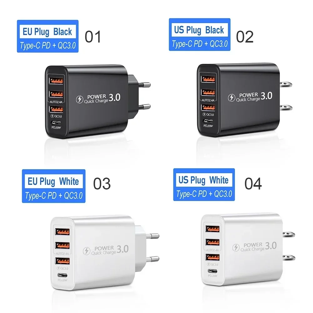 20 واط PD 4 منافذ USB 5V4A تهمة محول الطاقة شاحن الهاتف المحمول QC3.0 شحن الاتحاد الأوروبي/الولايات المتحدة التوصيل منفذ شاحن السفر 110 فولت 220 فولت