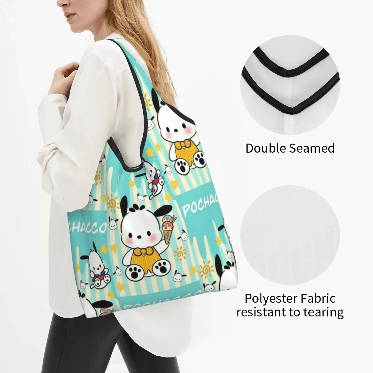 Custom Pochacco Sanrio Cartoon Groceries Tote Shopping Bags Women Kawaii Shoulder Shopper Bag Big Capacity Handbag