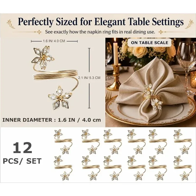 Premium Crystal Five-Petal Napkin Ring Holder, Suitable for Wedding Ceremonies, Hotel Dining Rooms, and Romantic Evenings.