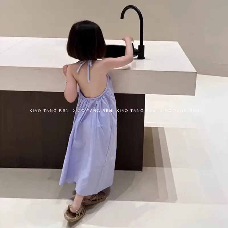 

Girls' Dress Children's Summer Korean Vacation Style Fashion Sleeveless Cool Beach Dress Solid Color Kids Skirt