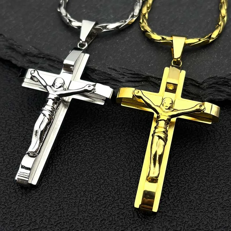Jesus Kreuz Kruzifix Anhänger Halskette für Männer Edelstahl Gold Farbe Christian Kaffee Bean Kette Schmuck croix chrétienne