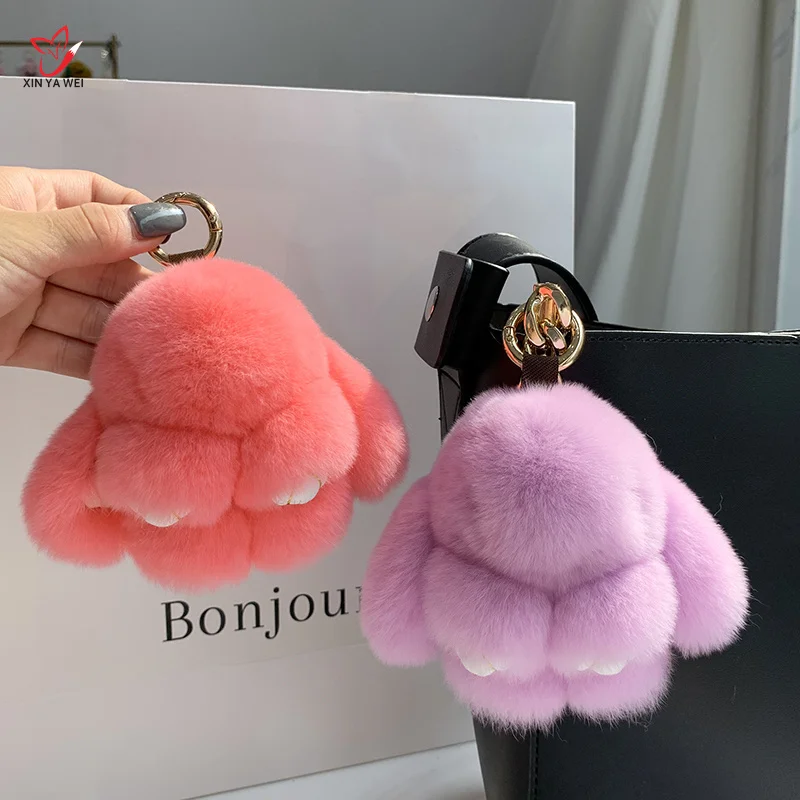 2024 Multicolor Rabbit Keychain Ring Fluffy Real Fur Pompon Bunny Trinket Key Chain Charm Cute Ring On Bag Car Key Pendant