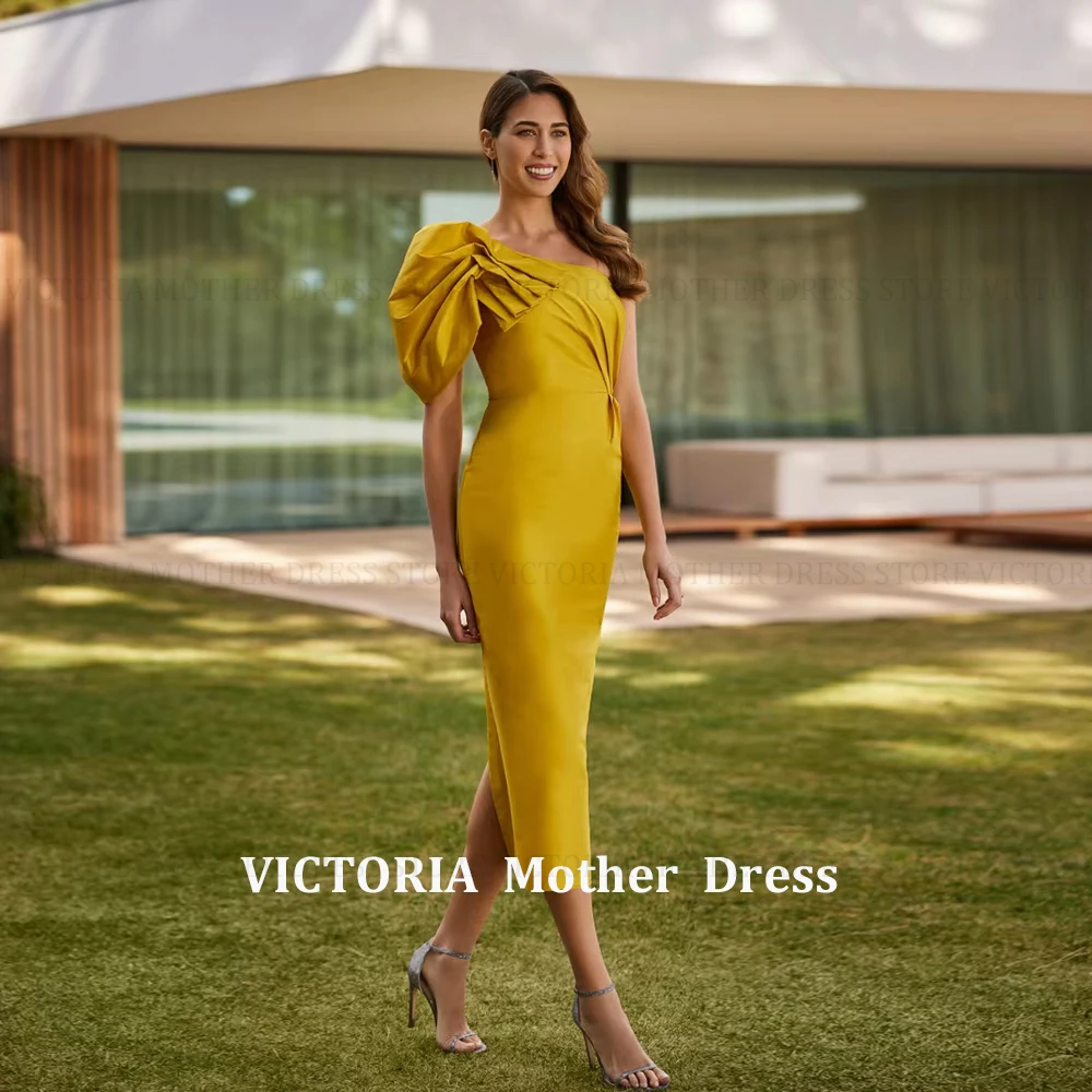 

Customized Simple One Shoulder Mother of the Bride Dresses V Neck Short Wedding Party Gowns Pleat Back Slit Tea Length Mermaid