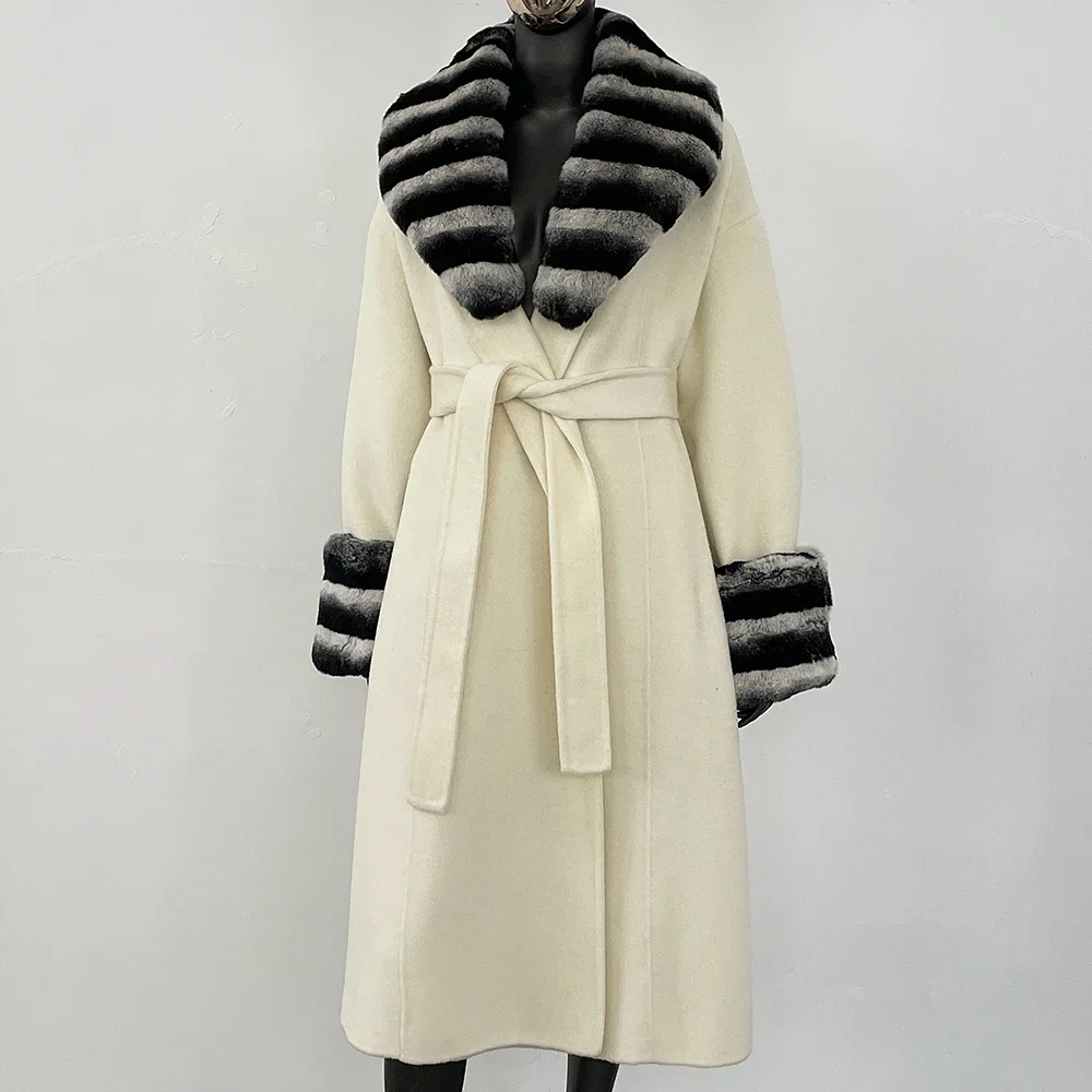 معطف صوف فرو أرنب ريكس حقيقي للنساء أنيق طويل من الصوف بأصفاد معطف صوفي مزيج من الصوف للربيع والخريف بياقة من الفرو الحقيقي
