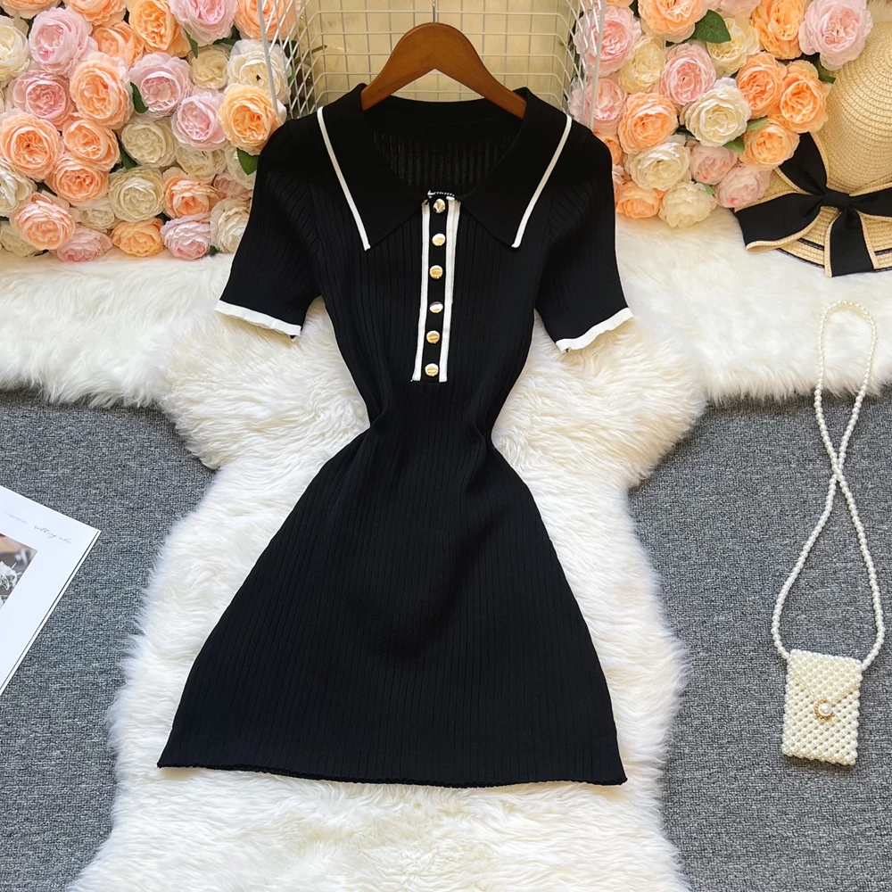 YuooMuoo chique moda sexy pacote quadris malha vestido de verão feminino elegante turn-down colarinho costela malha mini vestido streetwear