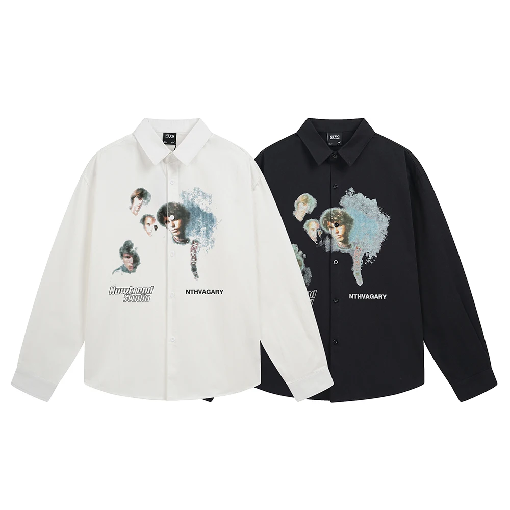 

Повседневные мужские рубашки Уличная одежда Рубашка с принтом в стиле панк Негабаритные топы с длинными рукавами Y2k Корейская мода Японский стиль Ретро дизайнерская одежда