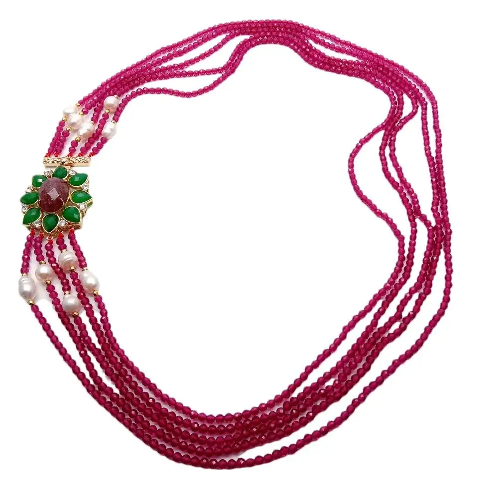 

Y·YING 5 Strands Red Crystal White Pearl Statement Chunky Necklace Green Jade Strawberry Quartz Clasp Jewelry Gift