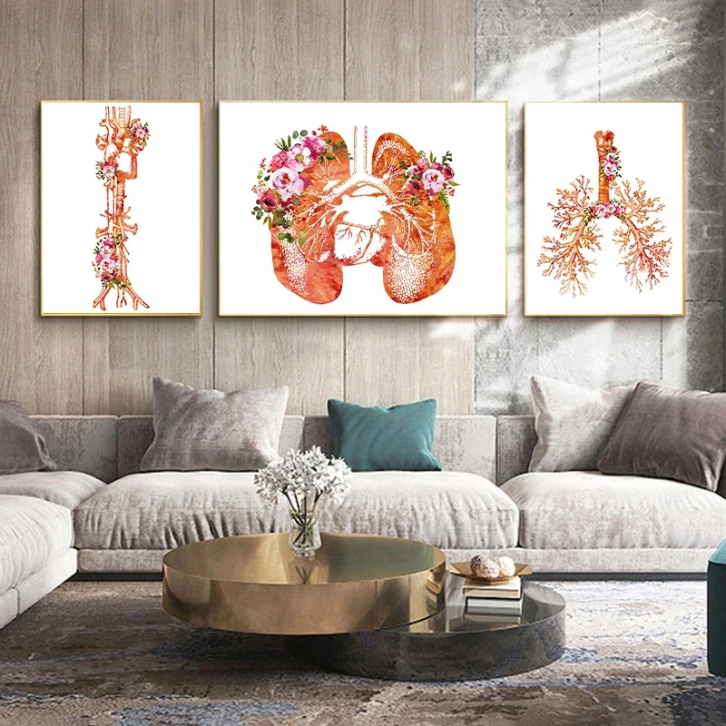 Human Bone Organs Abstract Flower Poster Heart Lung Brain Muscle Tissue Wall Art Profile Canvas Painting Clinic Hospital Decor