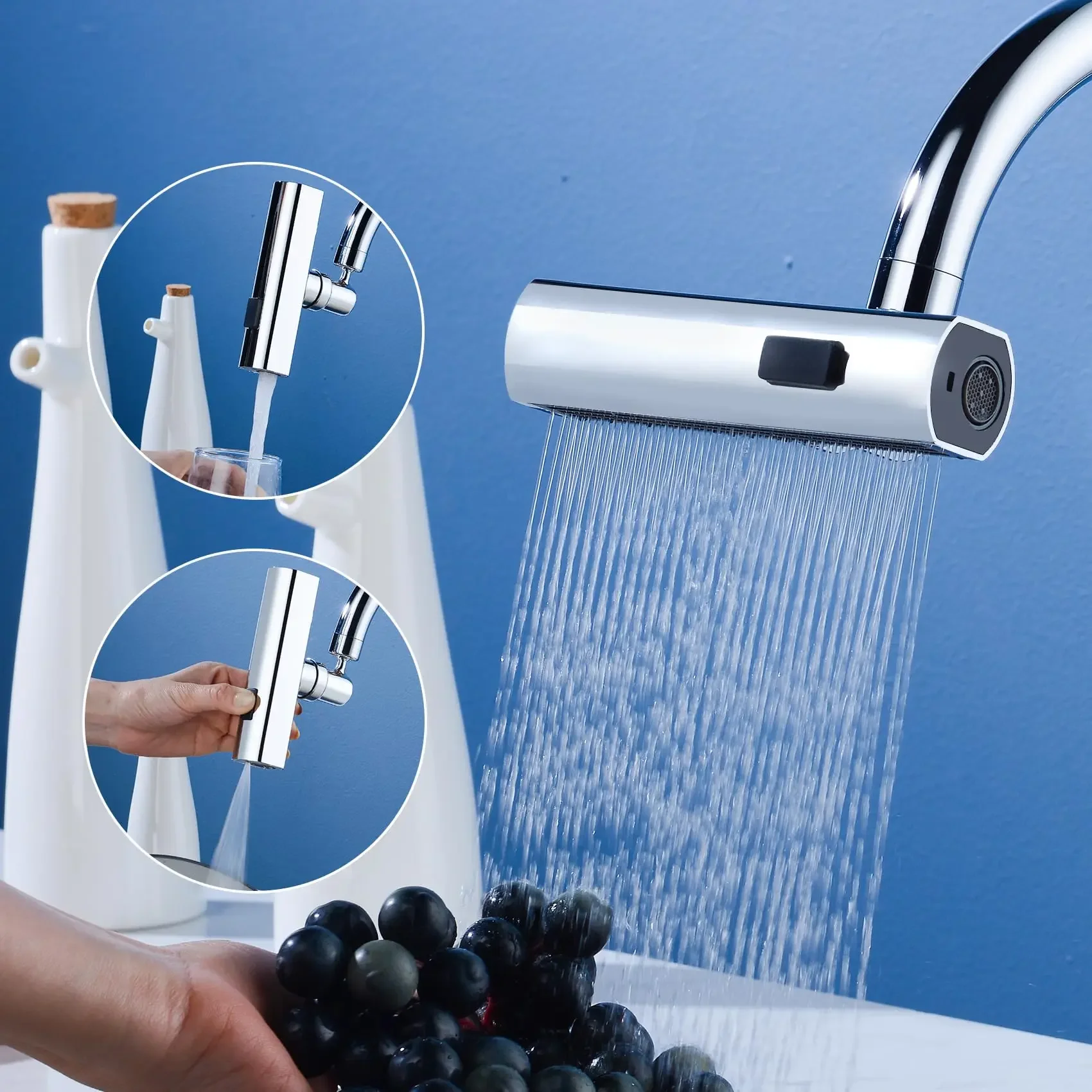 

3 in 1 Waterfall Faucet Extender, Anti-Splash Waterfall Kitchen Faucet Adapter,360° Swiveling for Washing Vegetables & Fruits