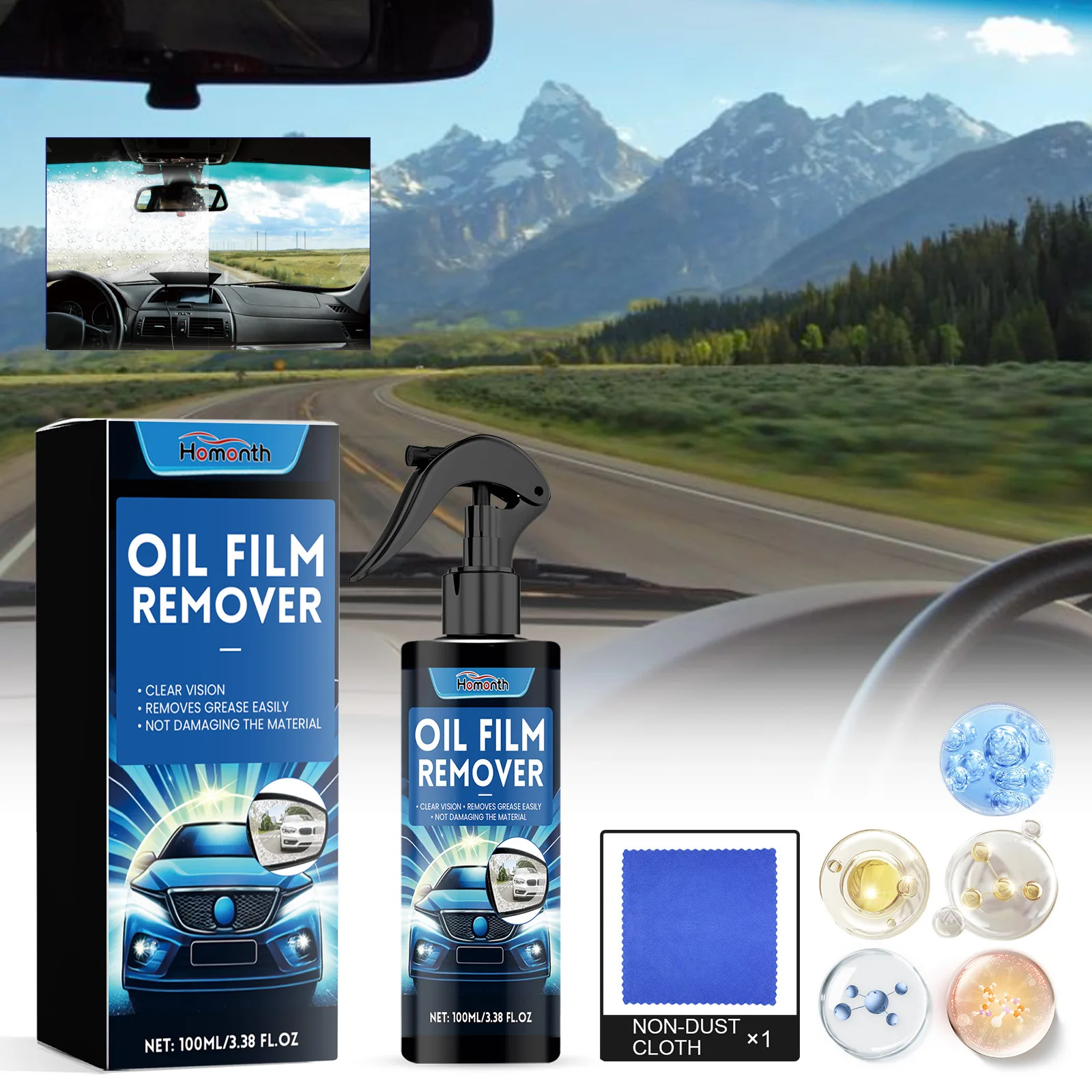 

Windshield Oil Film Cleaner 100ml - Car Glass Cleaner for Stubborn Stains & Water Spots, No-Rinse Formula for Clear Vision