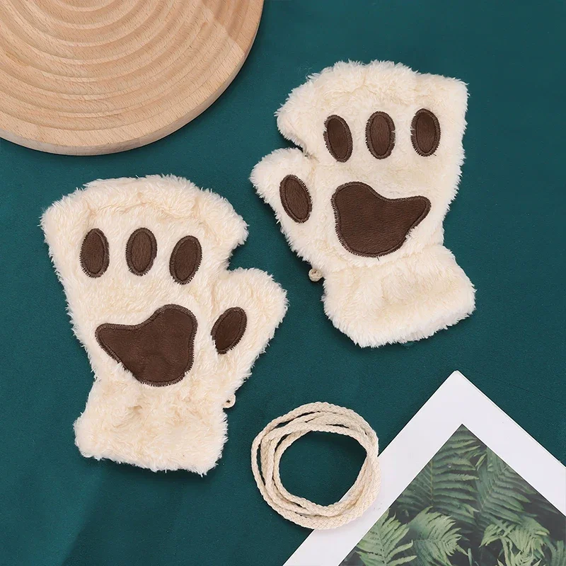 

Women Cute Cat Claw Paw Plush Mittens Warm Soft Plush Short Fingerless Fluffy Bear Cat Gloves Costume Half Finger Party Gift