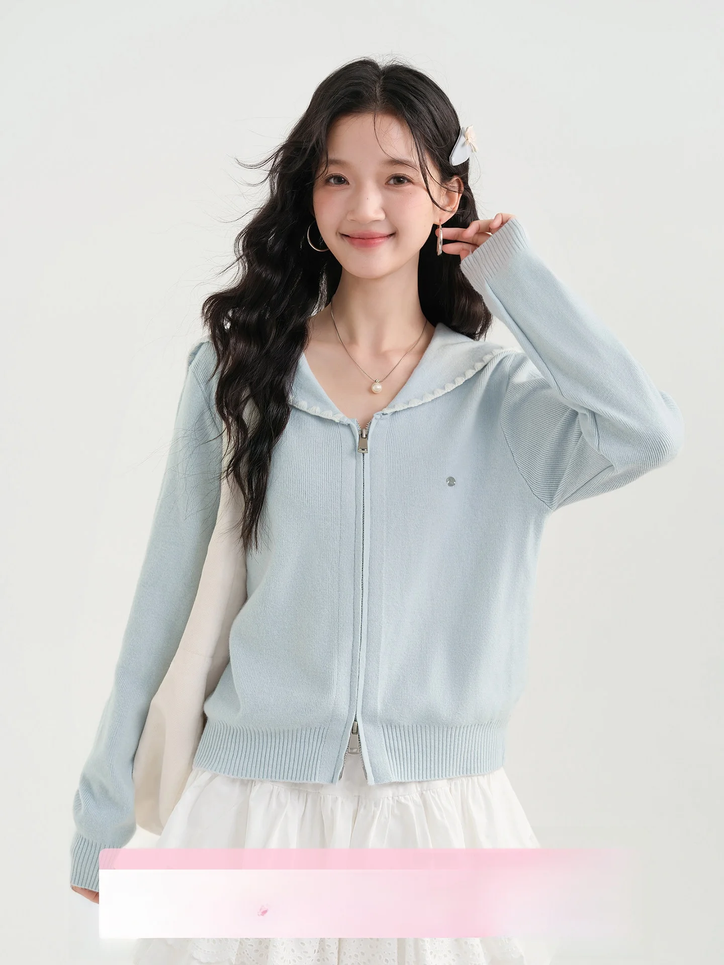 

Sweet Sle Knitted Cardigan Coat Women's Unique Double Zipper Navy Collar Spring Faionable Outerwear Polyester Cotton Blend