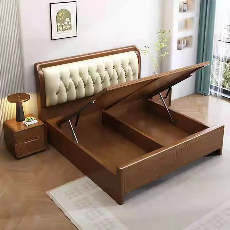 ^&Hot Selling Products Modern Minimalist Design Solid Wooden Bed Frame for Home Bedroom Minimal Hotel Storage Bed