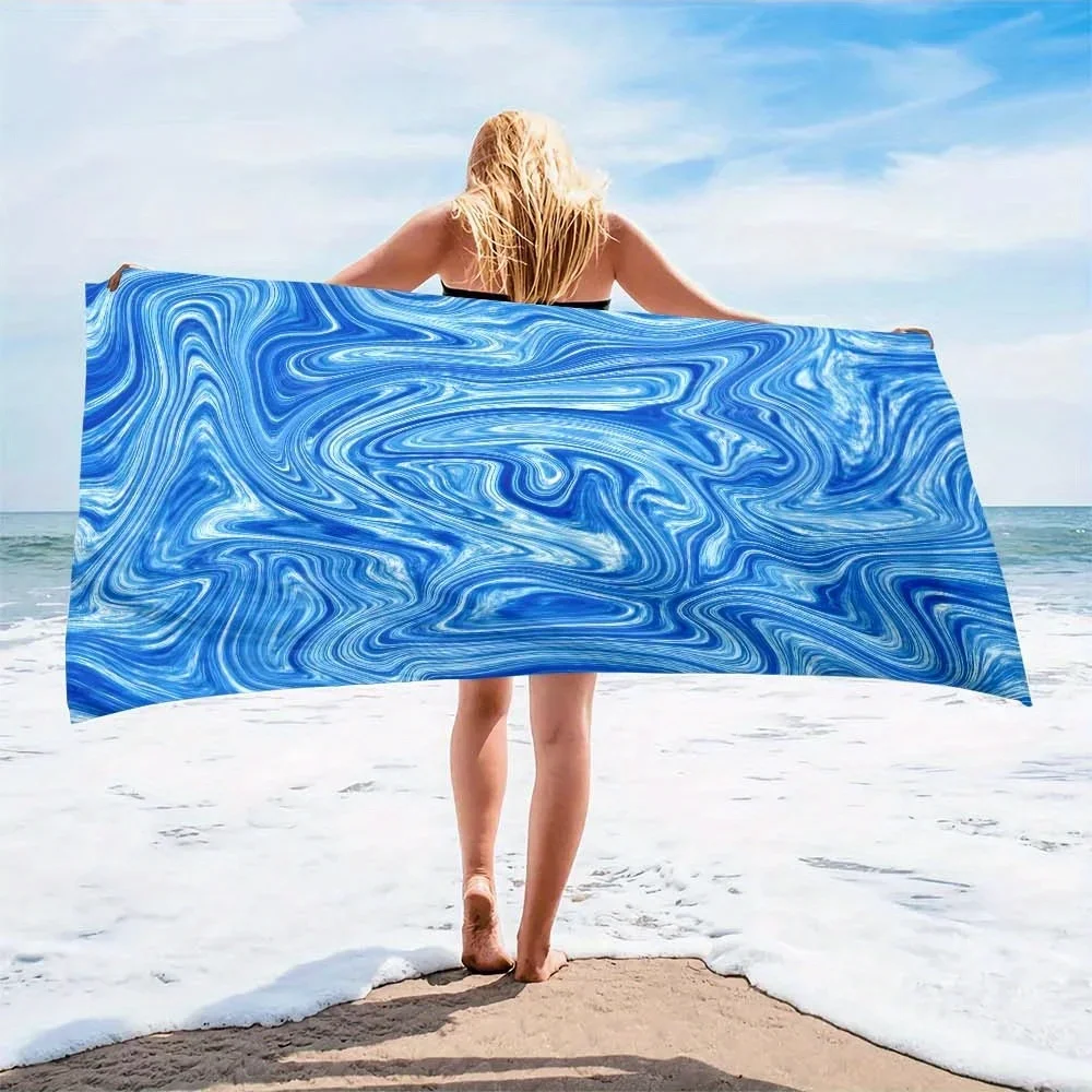 Custom Blue Wave Art Beach Towel Abstract Marble Print Microfiber Sand Free Quick Dry Soft Travel Swim Pool Gift