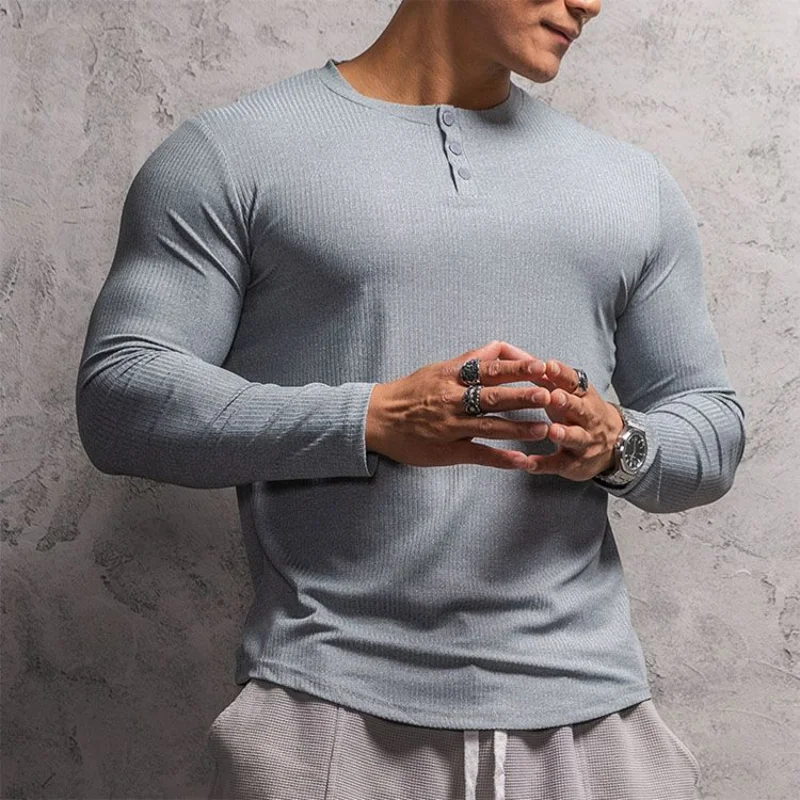Korean Vintage Solid Long Sleeve T-shirt Men's Spring Autumn New Round Neck Button Casual Simple Sports Elastic Training Tops