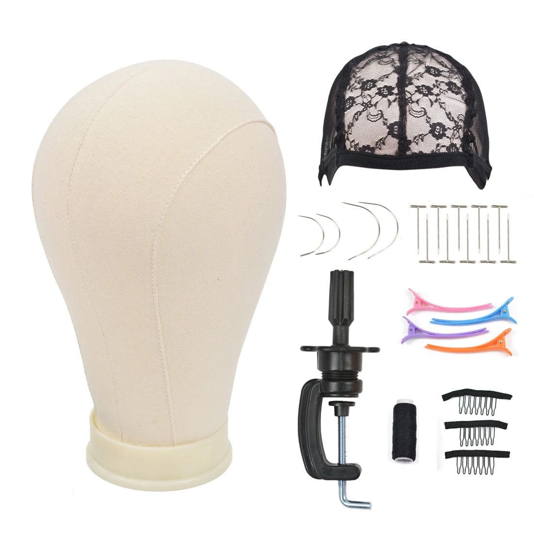 21-23 Inch Canvas Block Head Set Wig Stand Wig Cap Needle Hair Clip Thread Training Mannequin Head for Wig Making Display