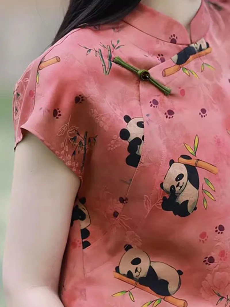 Blusas femininas estilo chinês panda estampa camisas vintage moda slim roupas de verão manga curta tops femininos
