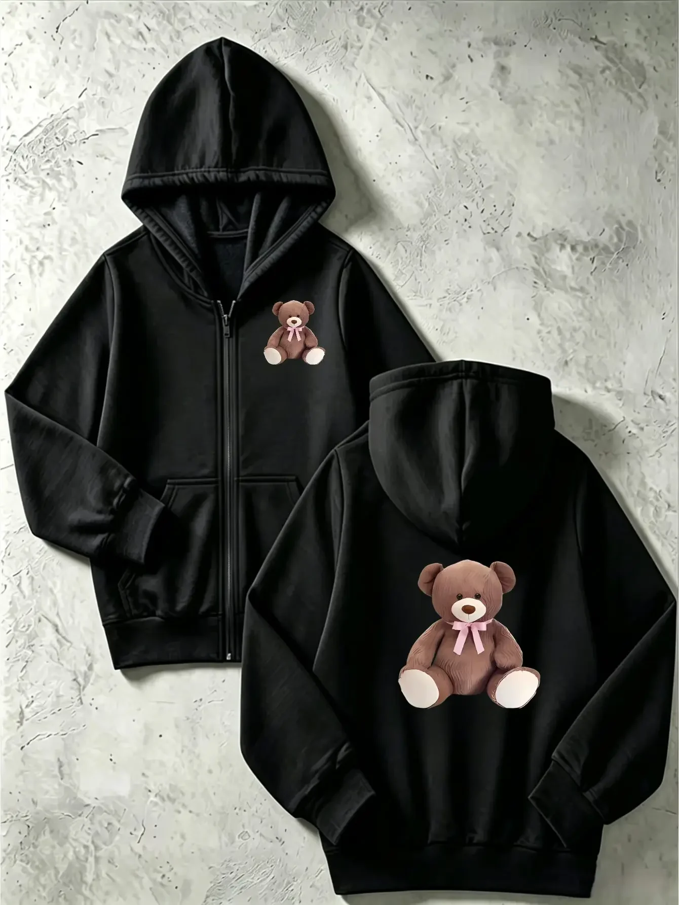 Blue Zip Up Hoodie Chest Small Pink Bow Teddy Bear Print Back Large Cute Bear Graphic Casual Daily Sweatshirt