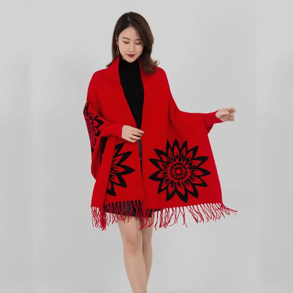 

Women's Knitted Cardigan Shawl Cape Sweater Coat Autumn Winter Mid-Length Jacquard Tassel Design New